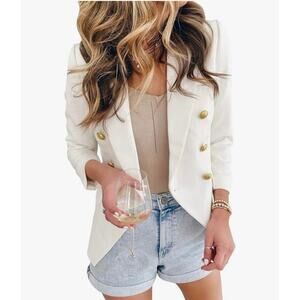 Asvivid Women's White Blazer Size L Gold Buttons Office Career Workwear